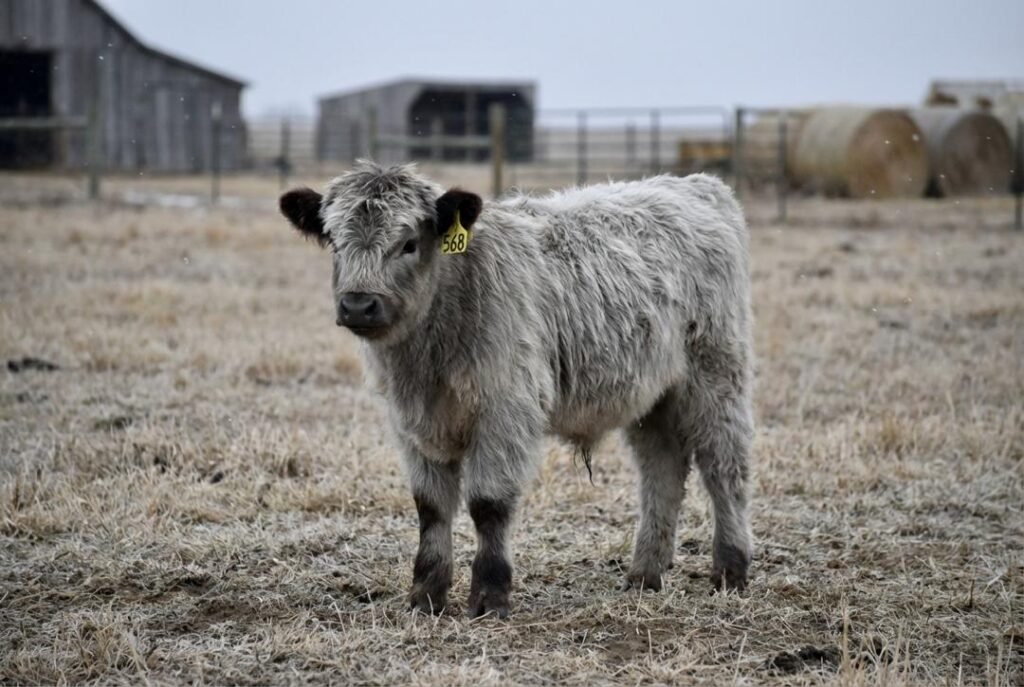 Silver Mini Highland calf with darker face and nose wearing ear tag 568, standing in a winter pasture at The Mustard Ranch near Lexington, Nebraska