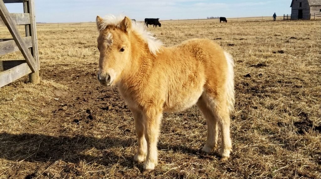 Fluffy light palomino pony with a cream mane and tail standing in a dry pasture with cattle and a distant barn at The Mustard Ranch in Lexington, Nebraska