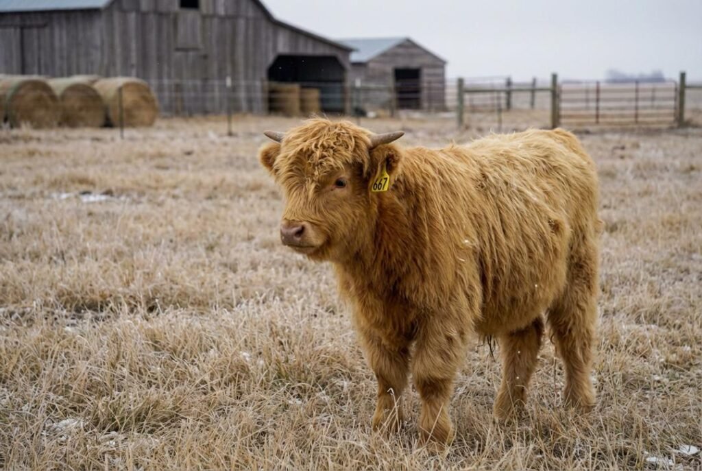 Yellow Mini Highland calf with a darker nose wearing ear tag 667, standing in a pasture with light snow patches near Lexington, Nebraska