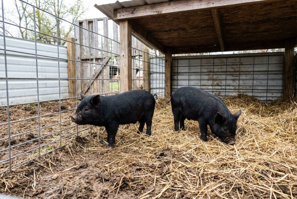Two solid black piglets in a straw‑and‑mud pen, one rooting with its snout down, at The Mustard Ranch near Lexington, Nebraska