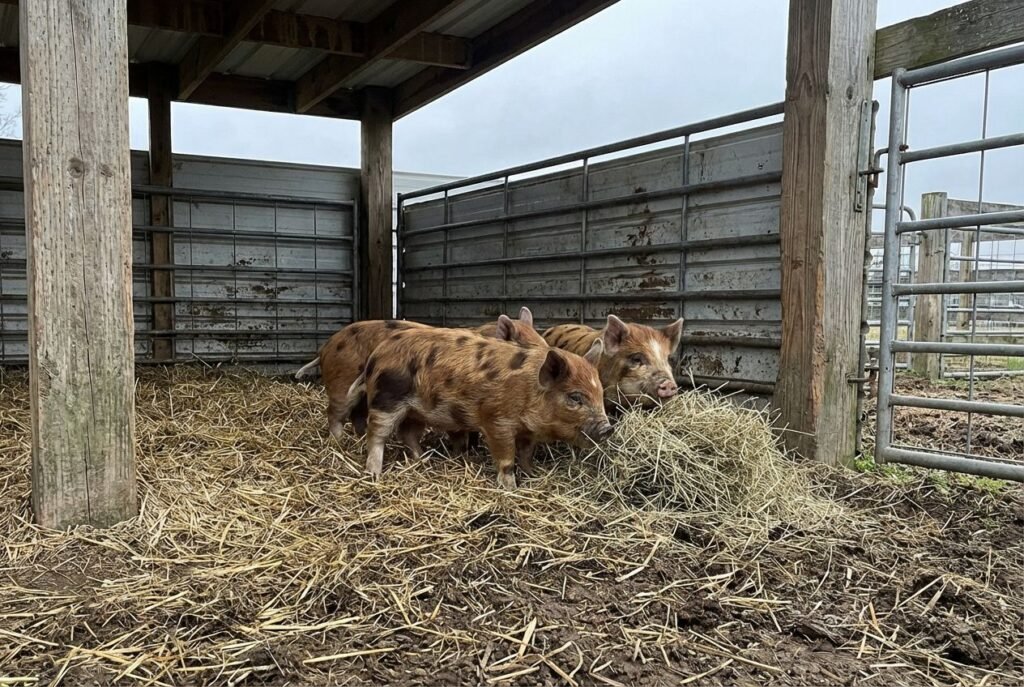 Brown piglet rooting in straw inside a covered ranch pen at The Mustard Ranch near Lexington, Nebraska