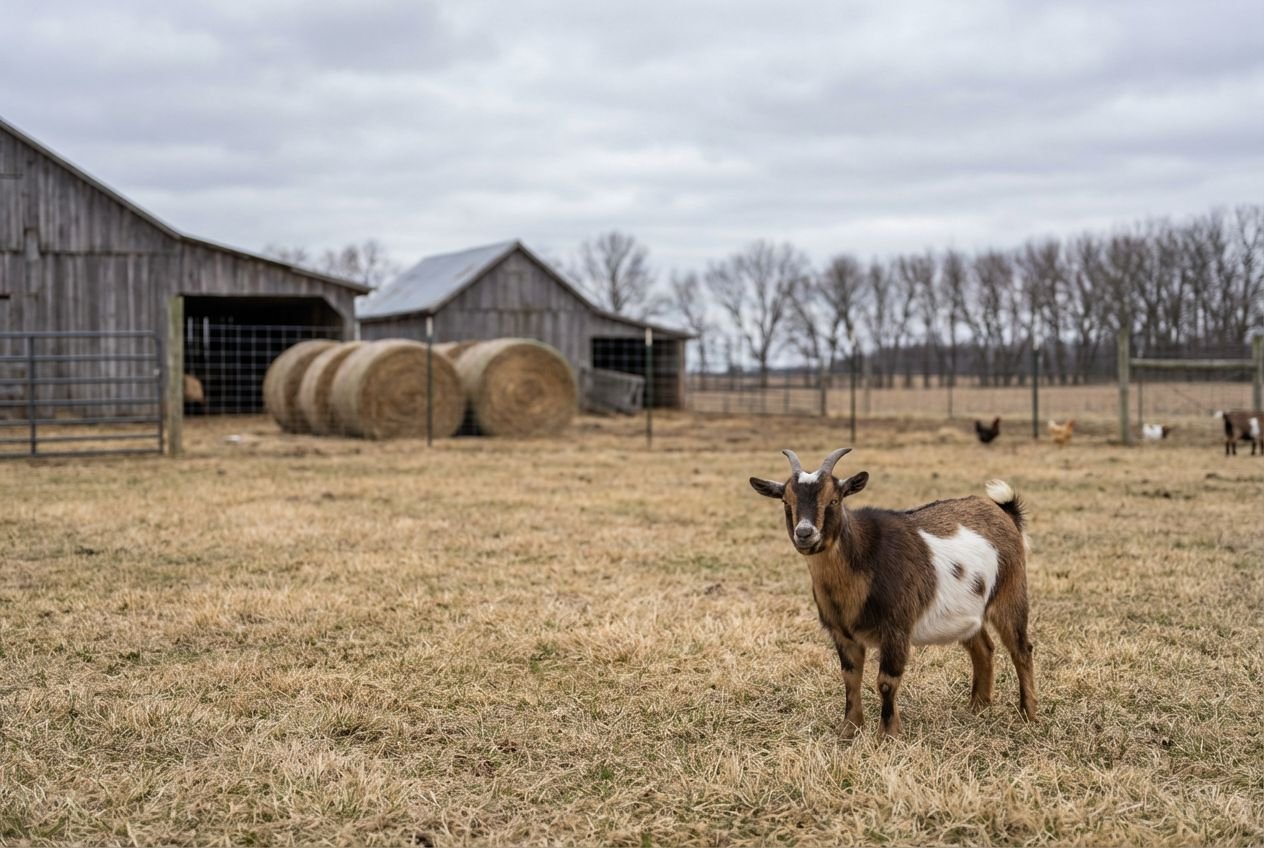 Young Nigerian Dwarf buckling with a white facial blaze, brown-and-white side patching, and short backward-curving horns at The Mustard Ranch near Lexington, Nebraska