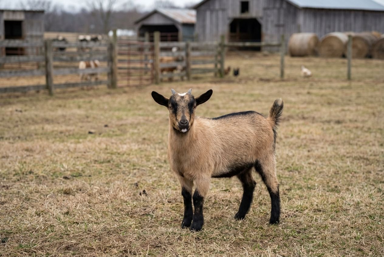 Tan Nigerian Dwarf buckling with a dark dorsal stripe, black face mask, and dark legs standing on pasture at The Mustard Ranch near Lexington, Nebraska
