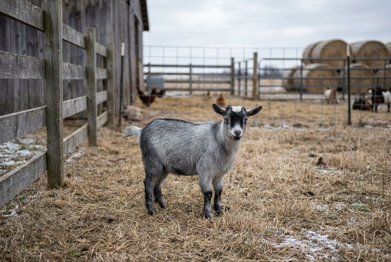 Gray roan Nigerian Dwarf buckling with a white forehead blaze and darker legs standing near fencing and hay bales at The Mustard Ranch near Lexington, Nebraska