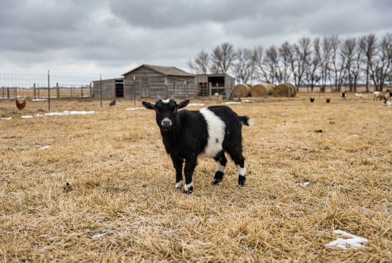 Black Nigerian Dwarf buckling with a bold white band across the midsection and a pale muzzle standing on pasture at The Mustard Ranch near Lexington, Nebraska