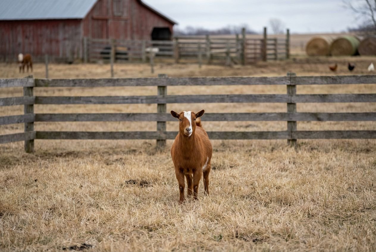 Chestnut Nigerian Dwarf buckling with a white facial blaze standing centered in a fenced pasture at The Mustard Ranch in Lexington, Nebraska