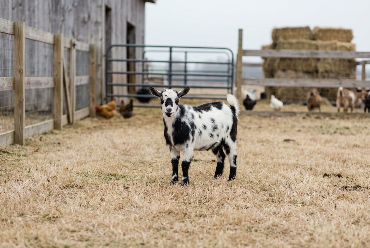 Black-and-white spotted Nigerian Dwarf buckling with an asymmetrical dark face patch standing on pasture near hay bales at The Mustard Ranch near Lexington, Nebraska