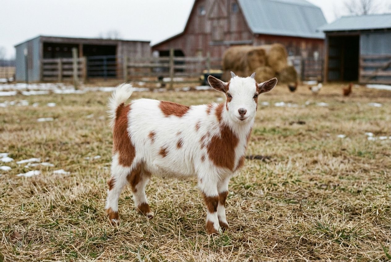 White Nigerian Dwarf buckling with reddish-brown patches standing in a ranch pen with hay bales and barn behind at The Mustard Ranch in Lexington, Nebraska