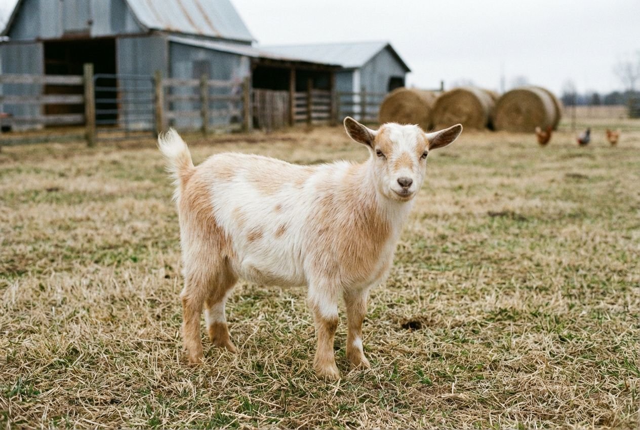 Light tan and cream Nigerian Dwarf buckling with soft white patching and a pale forehead cap standing near barns and hay bales at The Mustard Ranch in Lexington, Nebraska