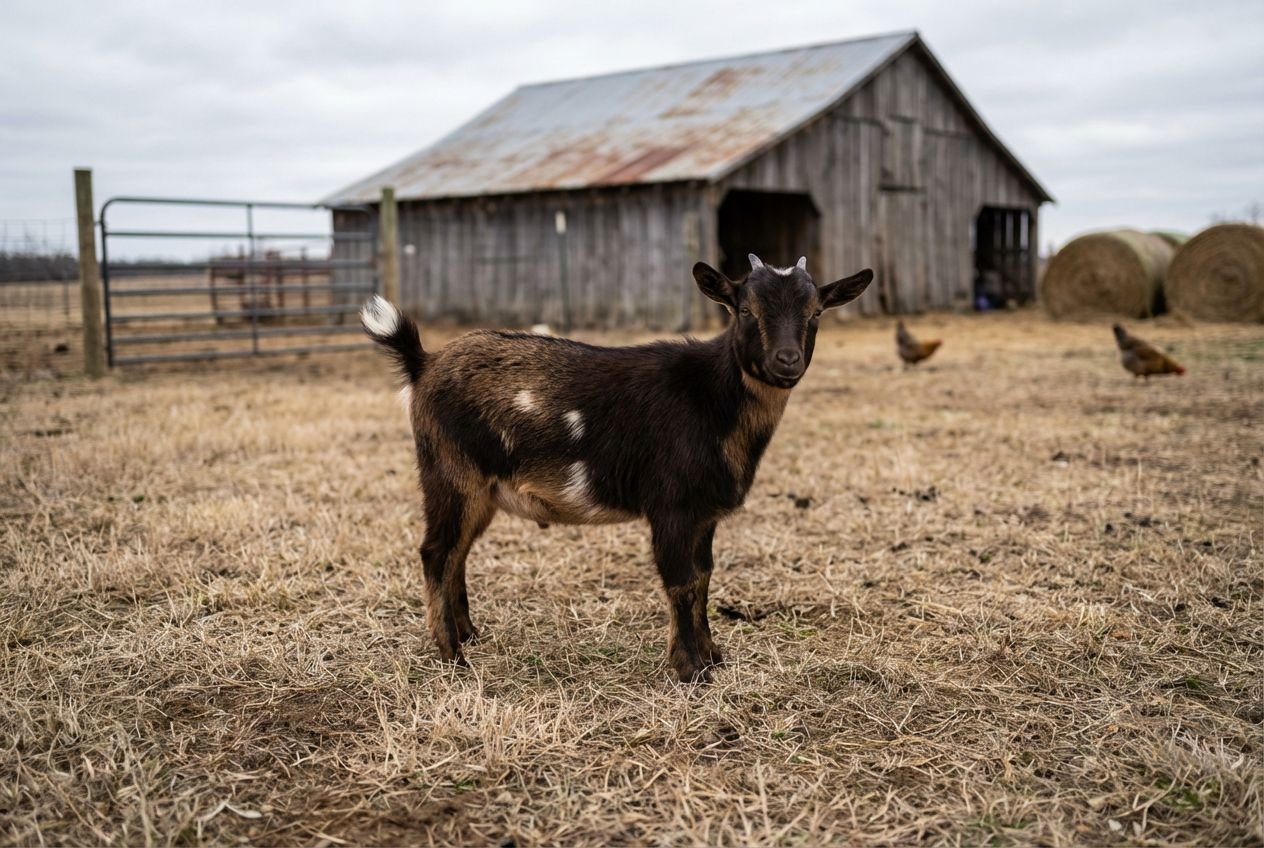 Dark chocolate Nigerian Dwarf buckling with tan shading and scattered white patches standing in a ranchyard with a weathered barn behind at The Mustard Ranch in Lexington, Nebraska