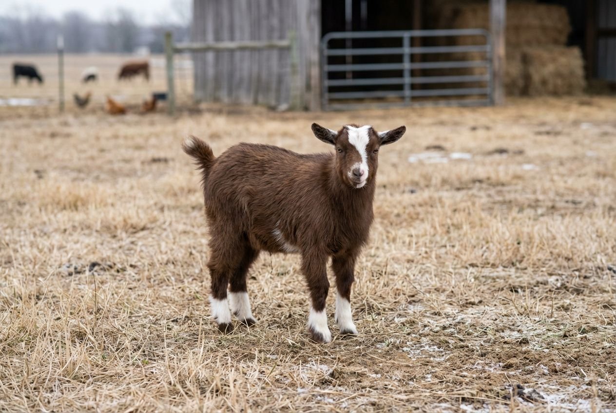 Chocolate-brown Nigerian Dwarf buckling with a bold white blaze and matching white socks on all four legs standing in a ranchyard at The Mustard Ranch in Lexington, Nebraska