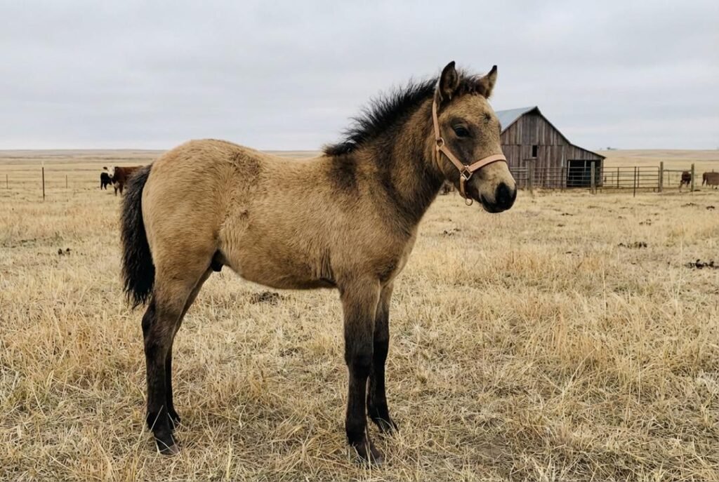 Buckskin mini pony colt wearing a natural leather halter photographed at The Mustard Ranch near Lexington, Nebraska