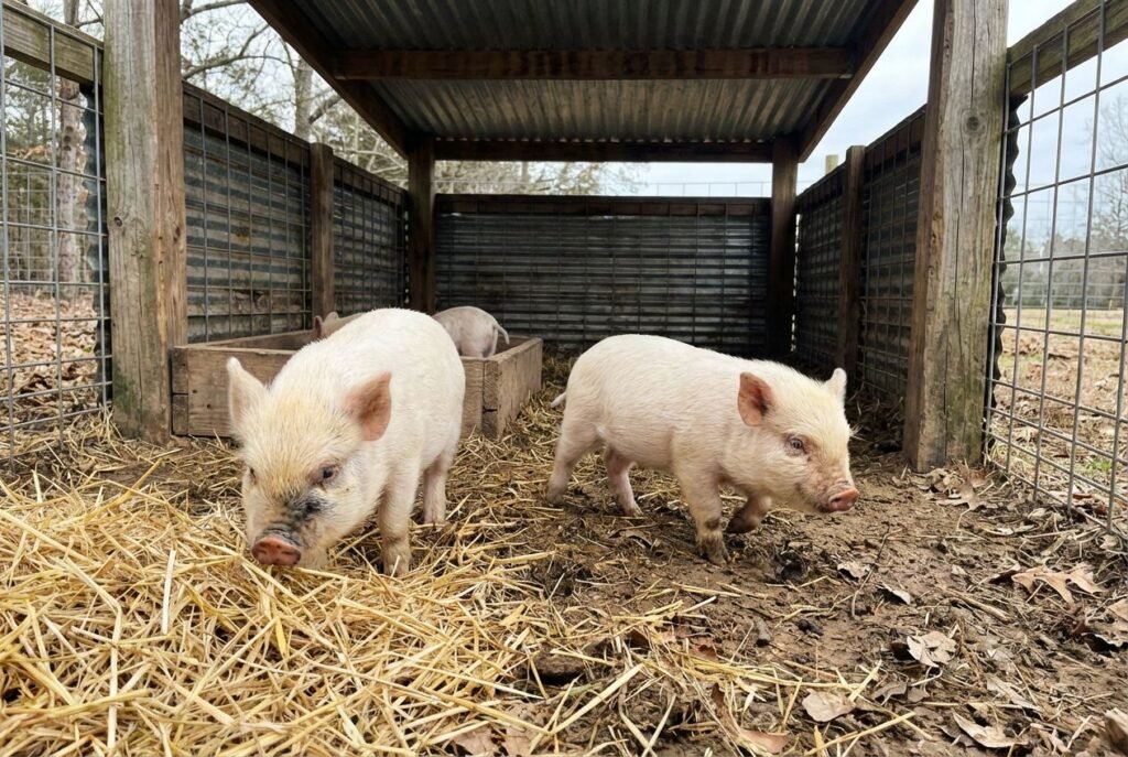 Two cream piglets in the foreground with a third piglet partially visible near a feeder box in a covered pen at The Mustard Ranch in Lexington, Nebraska