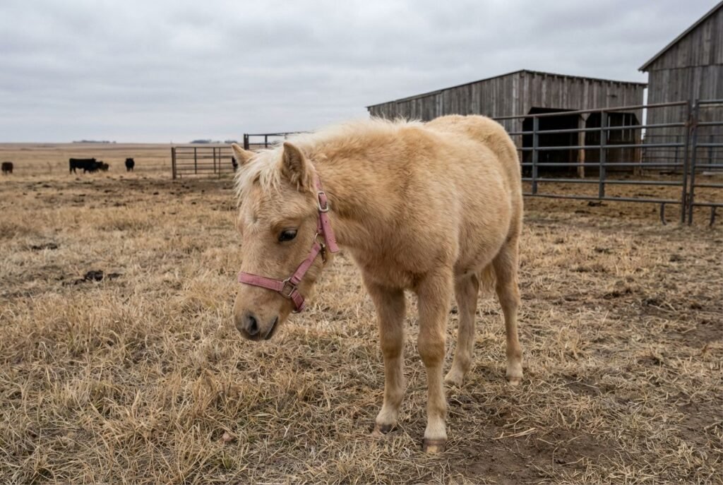 Palomino mini pony filly wearing a pink halter standing in pasture at The Mustard Ranch near Lexington, Nebraska