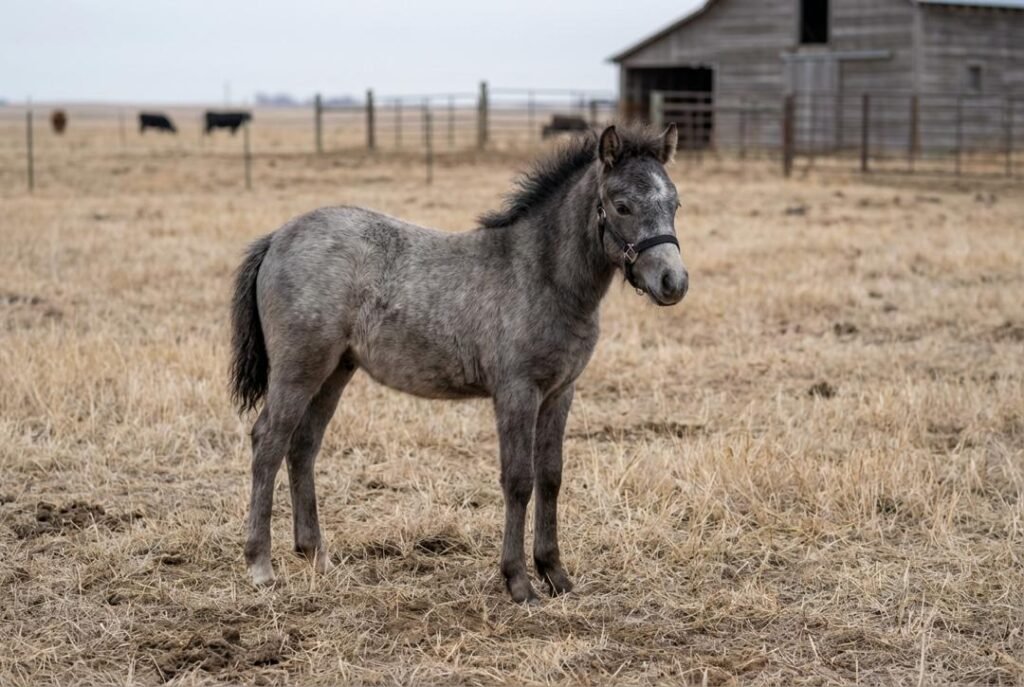 Silver dapple mini pony colt wearing a black halter photographed at The Mustard Ranch near Lexington, Nebraska