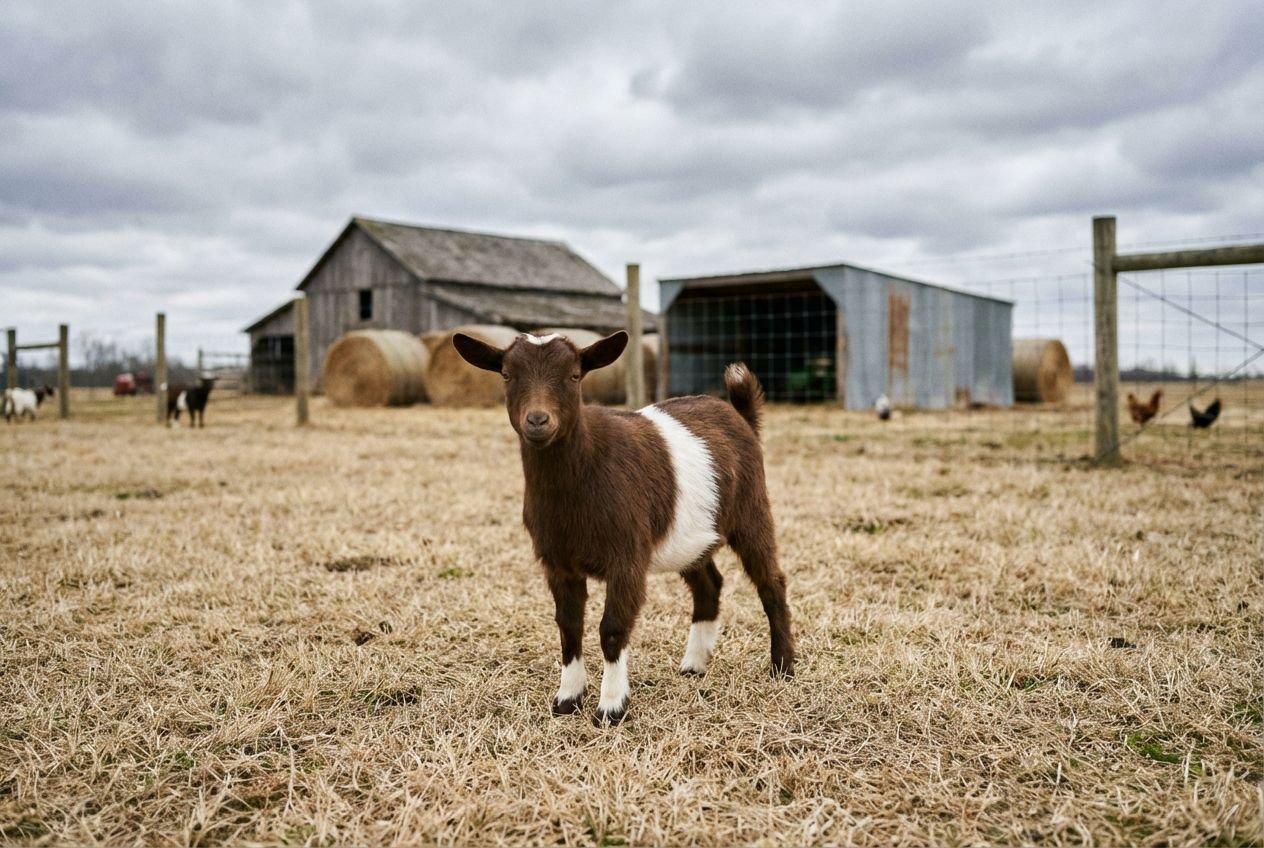 Chocolate-brown Nigerian Dwarf doeling with a white belt and white socks in a ranchyard at The Mustard Ranch near Lexington, Nebraska