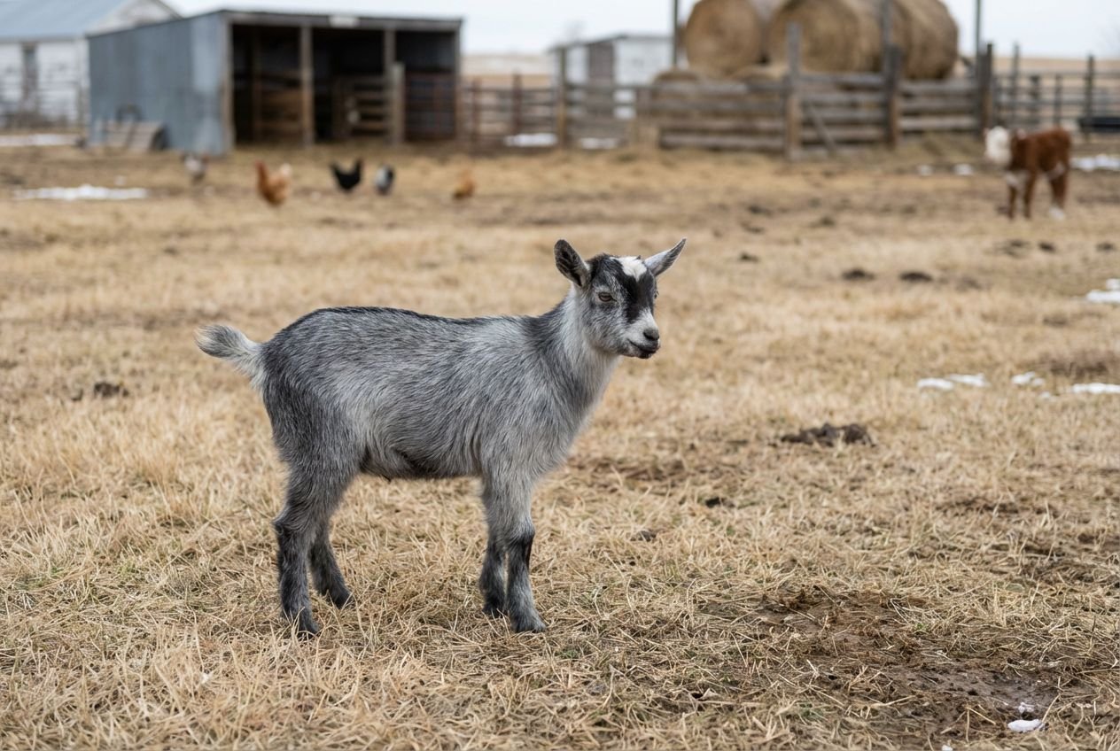 Silver-gray Nigerian Dwarf doeling standing in a fenced ranch pen at The Mustard Ranch near Lexington, Nebraska