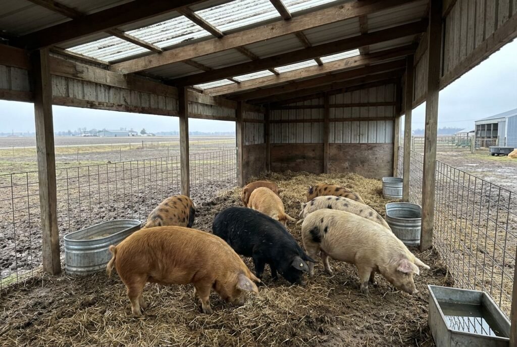 Group of breeding stock female pigs in a covered pen with straw, buckets, and water trough at The Mustard Ranch near Lexington, Nebraska