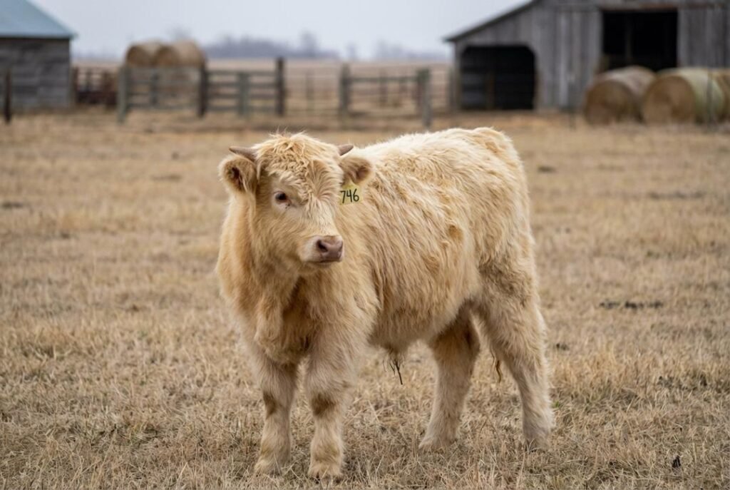 Light cream/yellow Mini Highland calf with ear tag 746 standing in a ranch pasture at The Mustard Ranch near Lexington, Nebraska