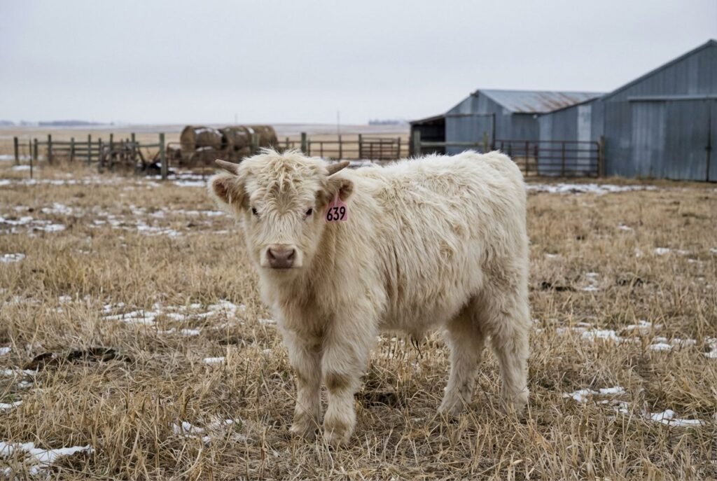 White Mini Highland calf with a pale muzzle wearing ear tag 639, standing in a fenced pasture near Lexington, Nebraska