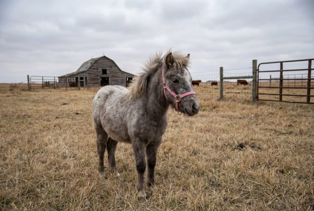 Silver dapple mini pony filly wearing a pink halter standing in pasture at The Mustard Ranch near Lexington, Nebraska