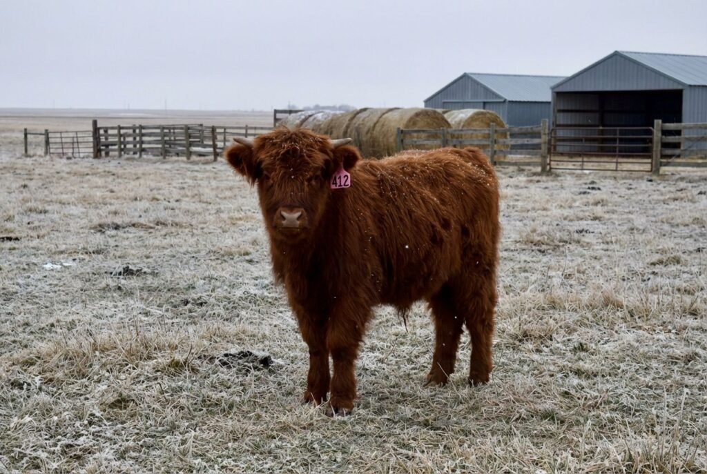 Red Mini Highland calf with a lighter muzzle wearing ear tag 412, standing in a frosty pasture at The Mustard Ranch near Lexington, Nebraska
