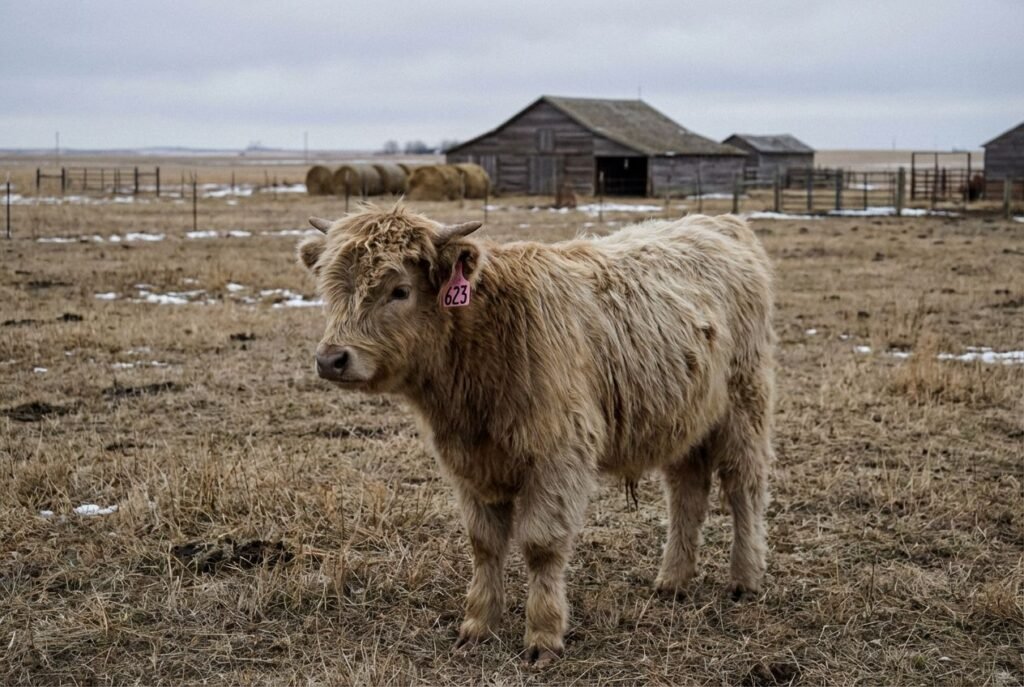 Light dun/tan Mini Highland calf with a darker muzzle wearing ear tag 623 standing in profile at The Mustard Ranch near Lexington, Nebraska
