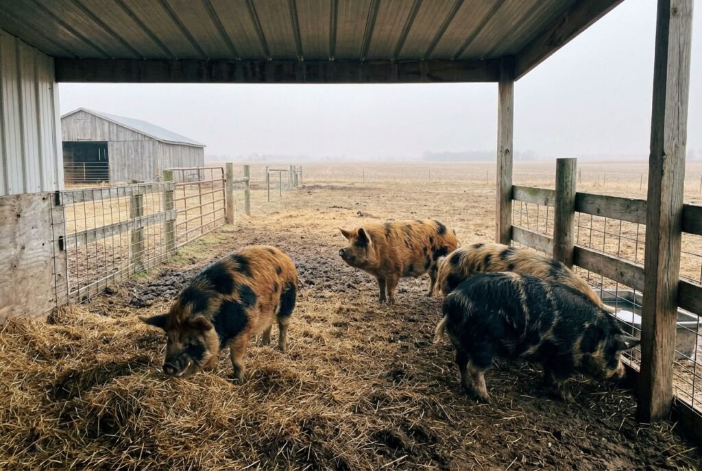 Four breeding stock male pigs in a covered straw‑bedded pen with a trough at The Mustard Ranch near Lexington, Nebraska