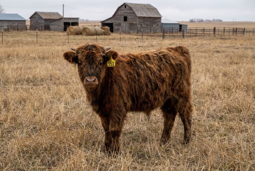 Brindle Mini Highland calf with dark striping and a lighter muzzle wearing ear tag 351, standing in pasture near Lexington, Nebraska