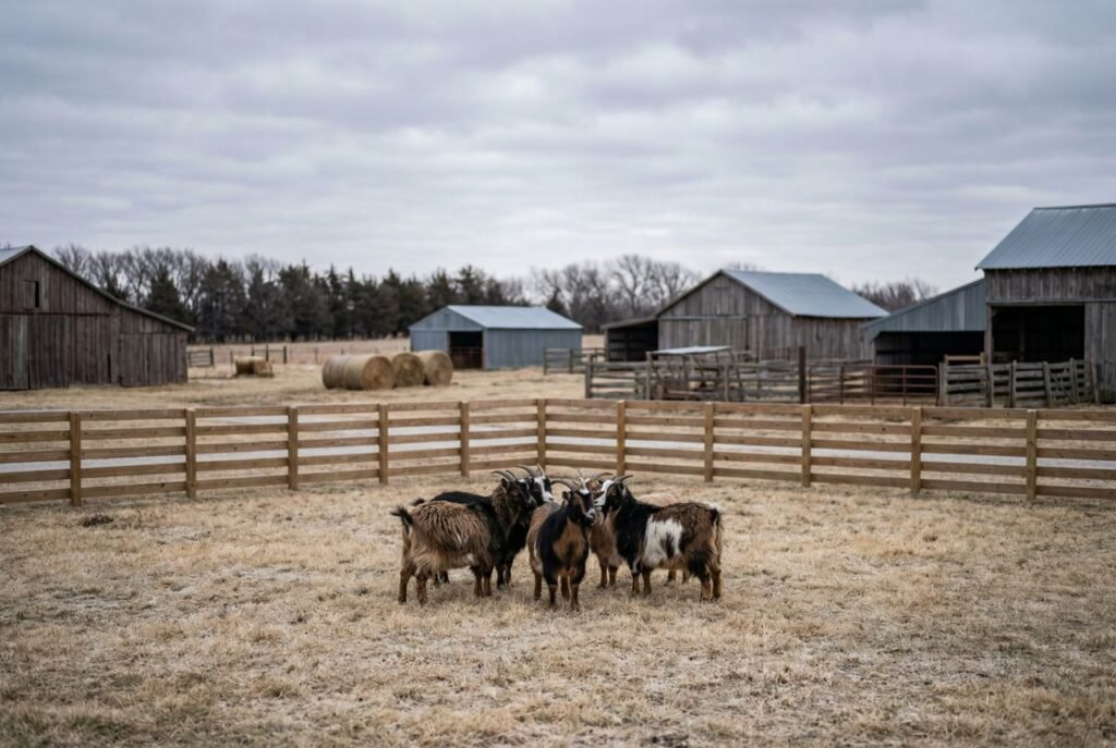 Group of goats gathered in a fenced paddock with barns and hay bales in the background at The Mustard Ranch