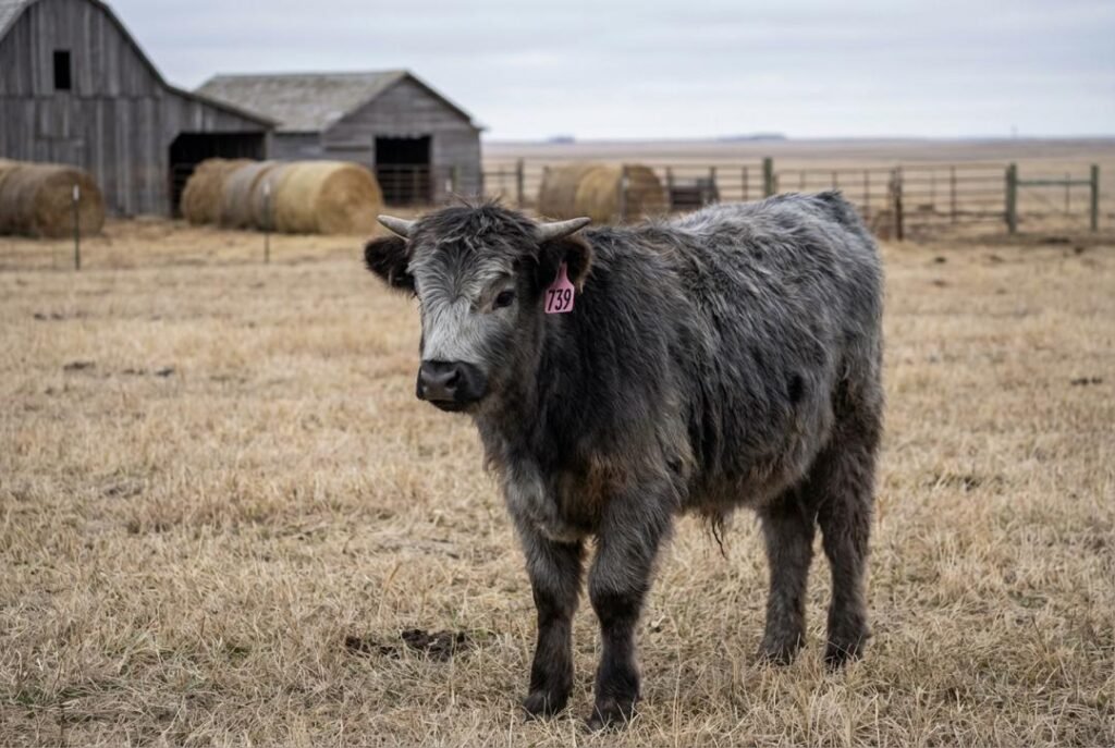Silver Mini Highland calf with darker face wearing ear tag 739, standing in a winter pasture at The Mustard Ranch near Lexington, Nebraska