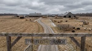 Wooden entrance sign reading “The Mustard Ranch” overlooking barns, hay bales, and livestock pens near Lexington, Nebraska