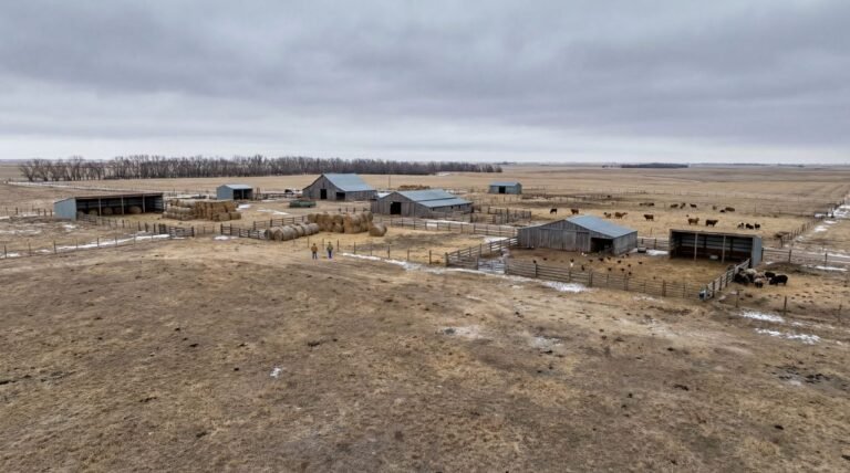 Wide aerial view of barns, corrals, hay stacks, and cattle pasture at The Mustard Ranch near Lexington, Nebraska