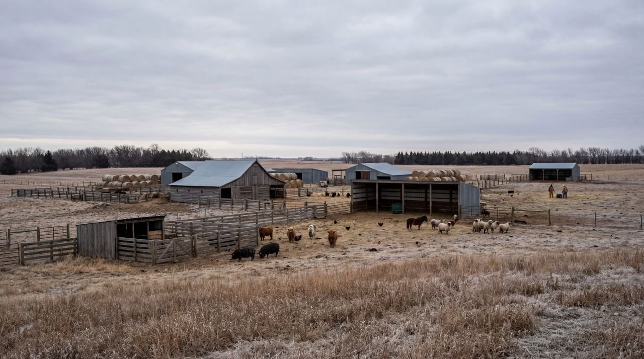 Wide ranchyard view with barns, corrals, hay bales, and livestock at The Mustard Ranch near Lexington, Nebraska