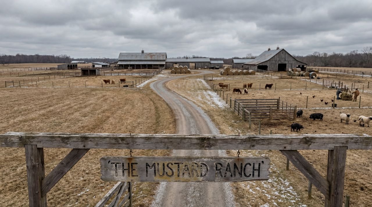 Wooden entrance sign reading “The Mustard Ranch” overlooking barns, hay bales, and livestock pens near Lexington, Nebraska