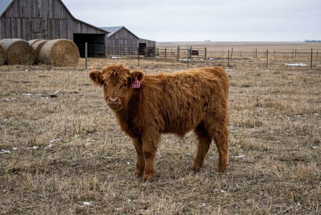 Red Mini Highland calf with a lighter muzzle wearing ear tag 733, standing in profile in a ranch pasture near Lexington, Nebraska