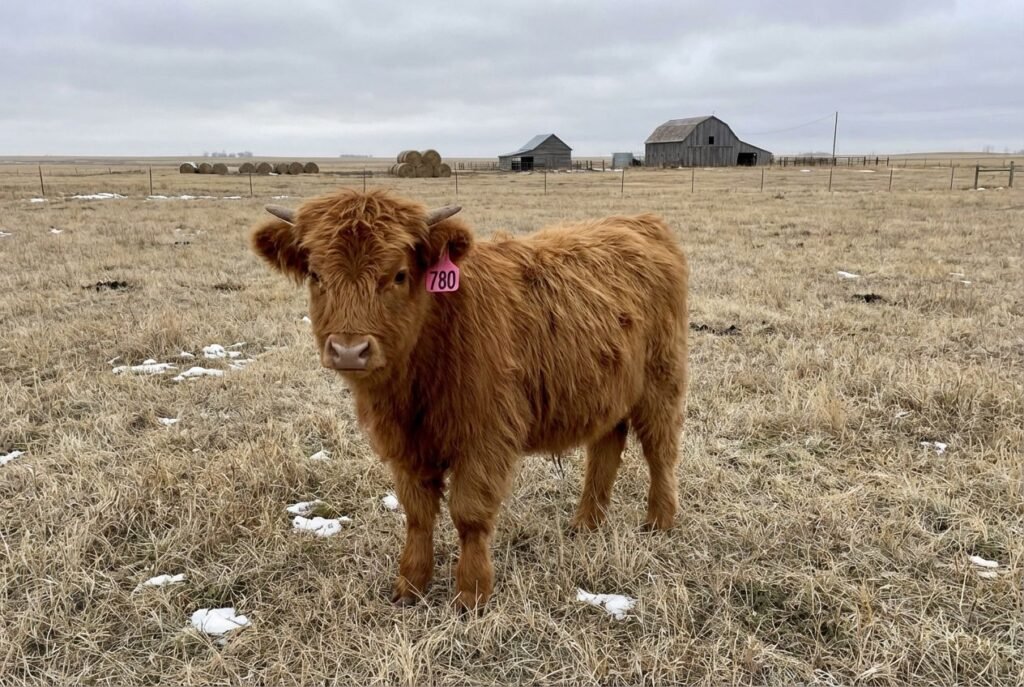 Shaggy red Mini Highland calf facing the camera with ear tag 780 in a wide pasture at The Mustard Ranch near Lexington, Nebraska