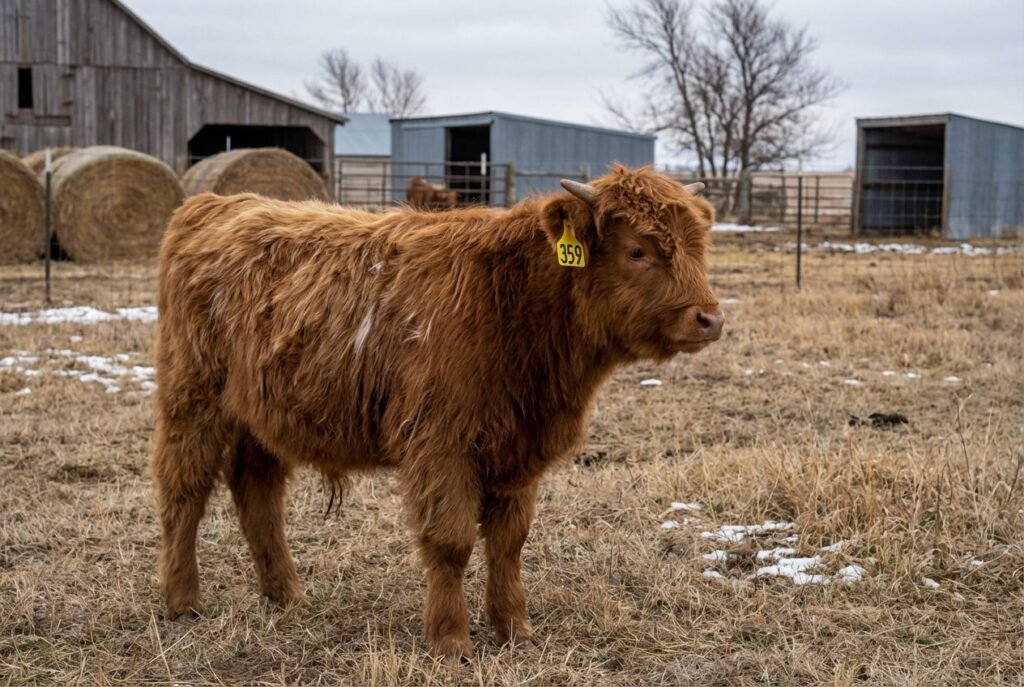 Shaggy red Mini Highland calf in side profile wearing ear tag 359, photographed in winter pasture at The Mustard Ranch near Lexington, Nebraska