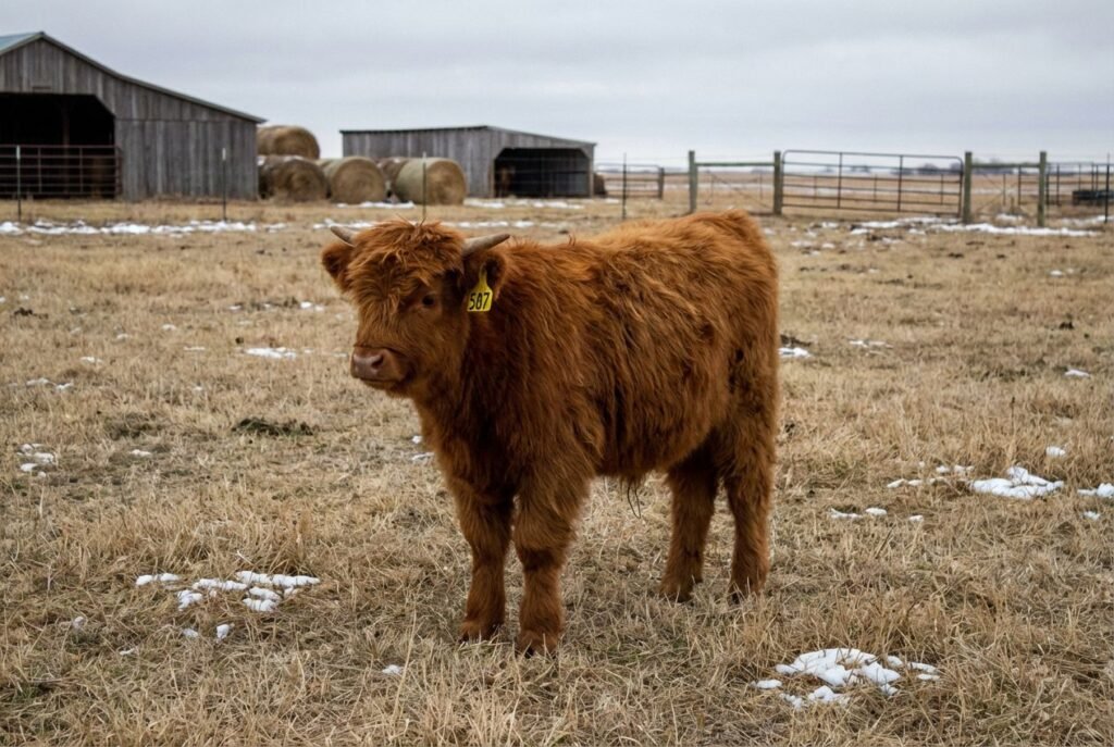 Red Mini Highland calf wearing ear tag 507 standing in profile in an open pasture near Lexington, Nebraska