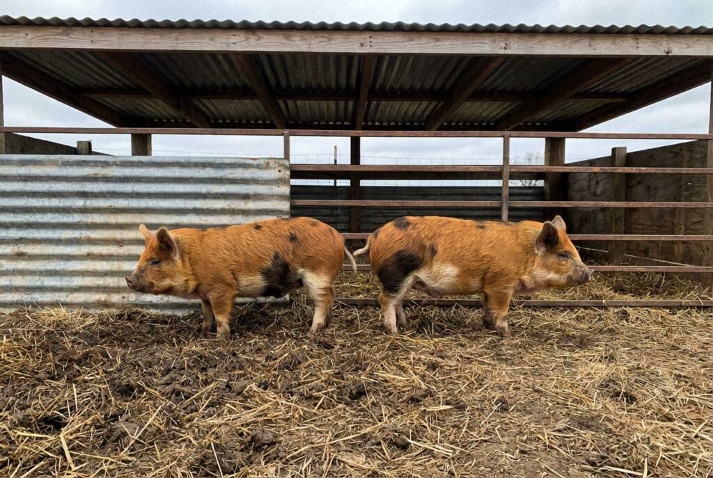 SWALLOW BELLY (SB) piglets standing in profile on straw and mud under a roofed pen at The Mustard Ranch near Lexington, Nebraska