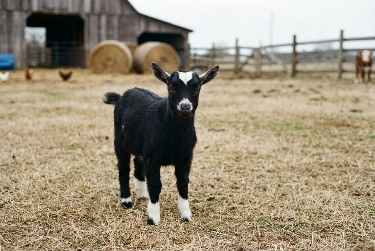 Black Nigerian Dwarf doeling with a clean white forehead blaze, speckled white muzzle, and white socks standing near hay bales at The Mustard Ranch in Lexington, Nebraska