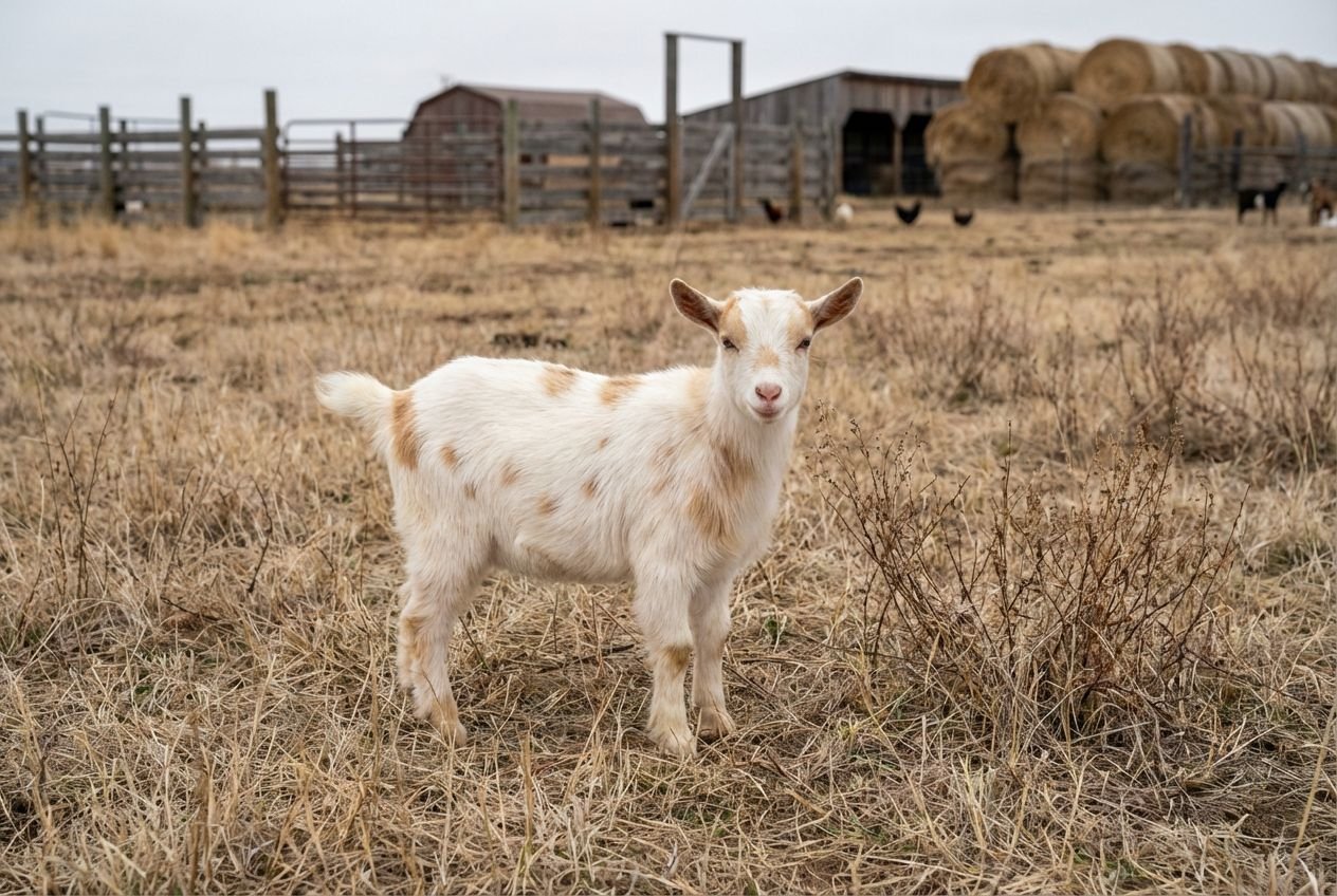 Cream Nigerian Dwarf doeling with honey-brown patches standing by ranch fencing at The Mustard Ranch near Lexington, Nebraska