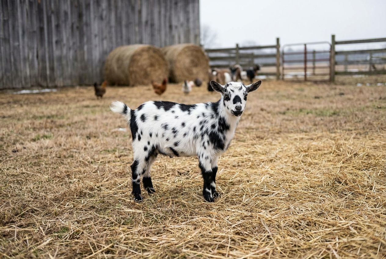Black-and-white spotted Nigerian Dwarf doeling standing near hay bales and fencing at The Mustard Ranch in Lexington, Nebraska