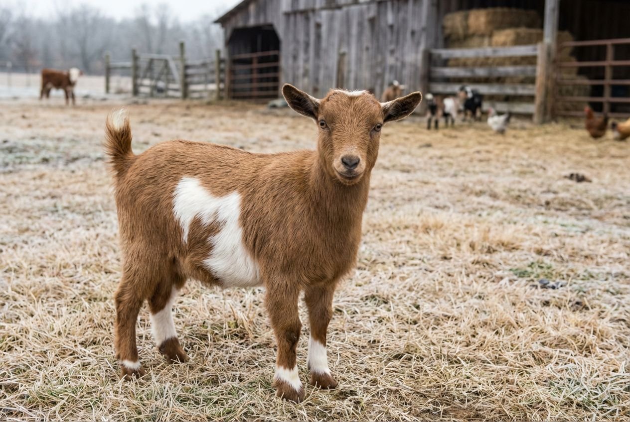 Brown Nigerian Dwarf doeling with a large white side patch standing in a ranch pen at The Mustard Ranch near Lexington, Nebraska
