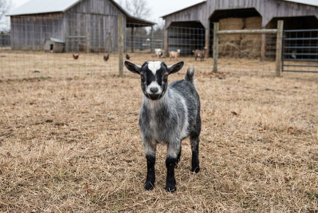 Silver-gray Nigerian Dwarf doeling with a white blaze standing in a fenced ranch pen at The Mustard Ranch near Lexington, Nebraska