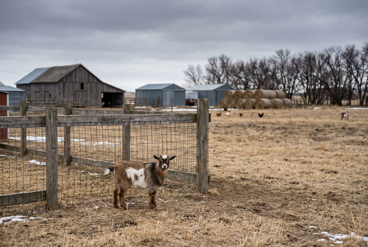 Brown Nigerian Dwarf doeling with a white blaze and white patches standing near fencing at The Mustard Ranch in Lexington, Nebraska