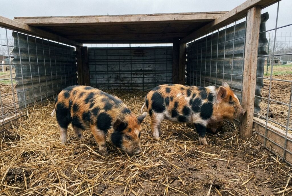 Two TRI (tri-color) pigs standing in a straw‑bedded shelter pen with wire fencing at The Mustard Ranch near Lexington, Nebraska