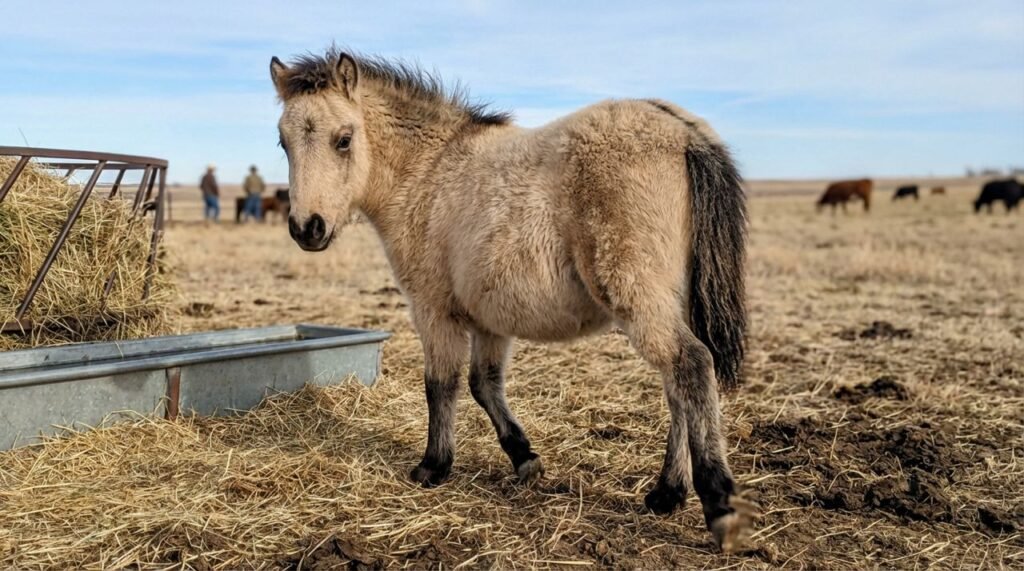 Young light dun pony walking in a pasture near a metal trough and hay, with ranch activity in the distance at The Mustard Ranch near Lexington, Nebraska