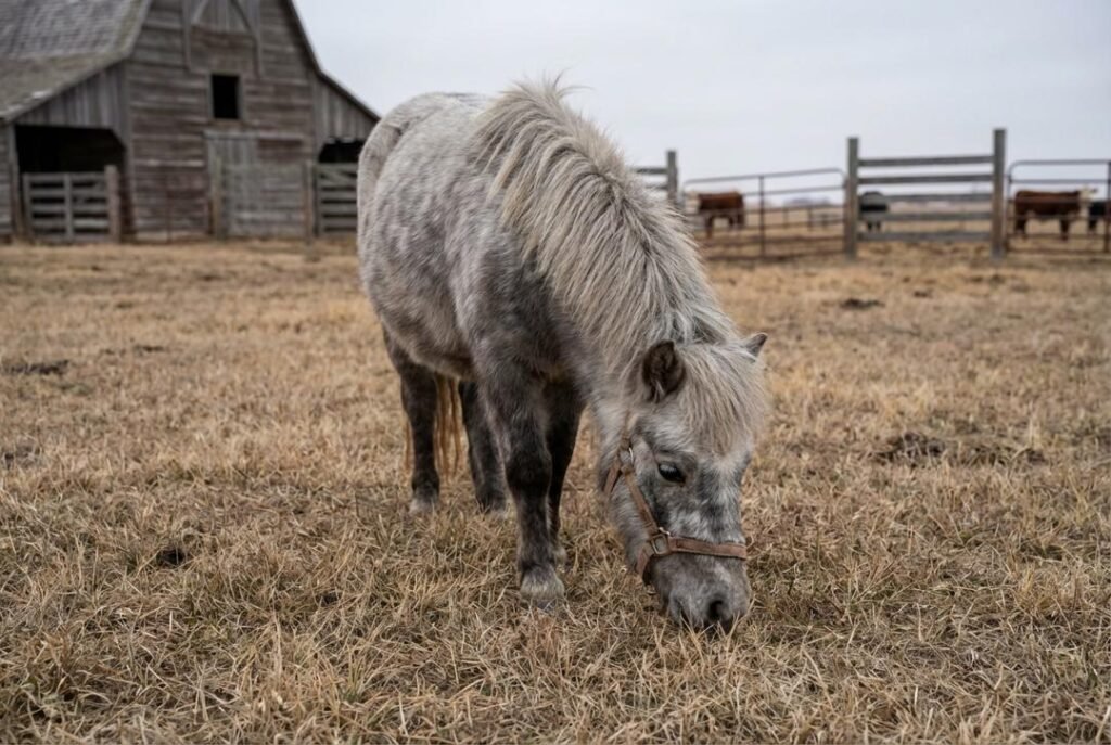 Gray pony with a long light gray mane wearing a brown halter grazing in a fenced pasture near a barn at The Mustard Ranch in Lexington, Nebraska