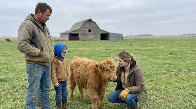 Family observing an adult evaluating a mini Highland calf’s stance in a green pasture at The Mustard Ranch near Lexington, Nebraska